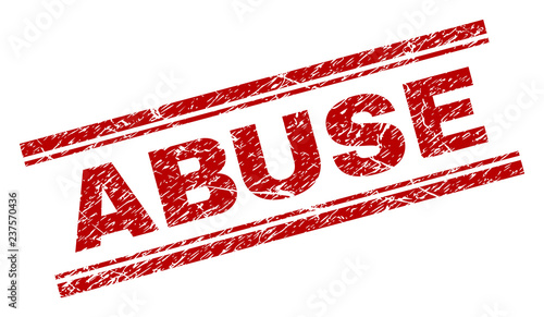 ABUSE seal print with grunge texture. Red vector rubber print of ABUSE text with unclean texture. Text label is placed between double parallel lines.