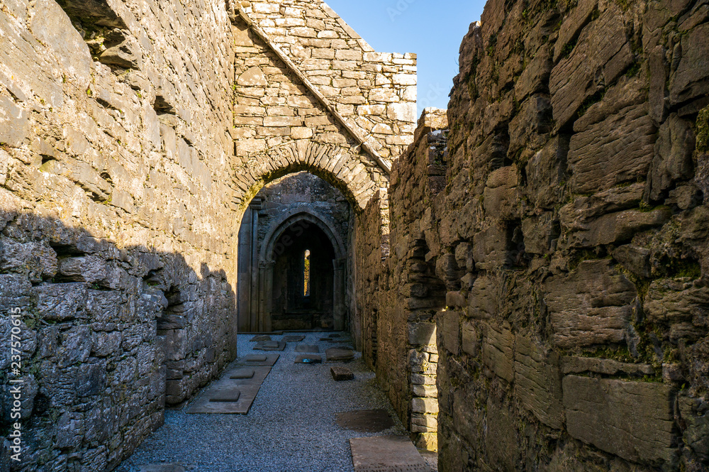 Ruins of a 12th Century old Irish monastery. Corcomroe Abbey, tourist attraction in County Clare, Burren, Ireland.