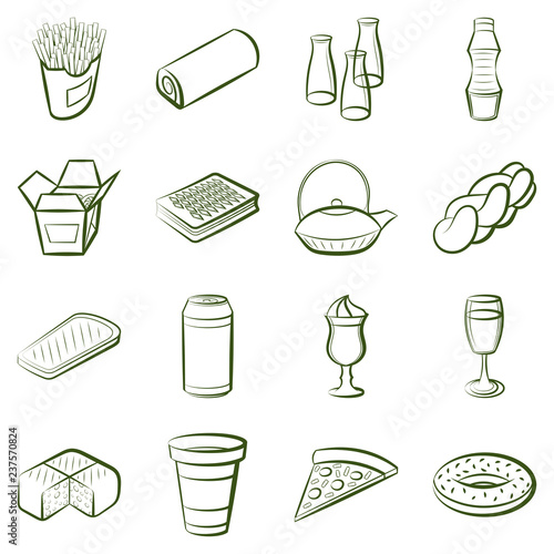 American food, Bakery products, Drinks and Japanese food set. Background for printing, design, web. Usable as icons. Seamless. Color.