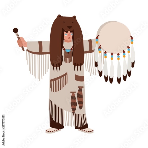 American Indian wearing bearskin and ethnic clothes beating his drum and calling spirits. Shaman priest or medicine man performing religious ceremony. Vector illustration in flat cartoon style.