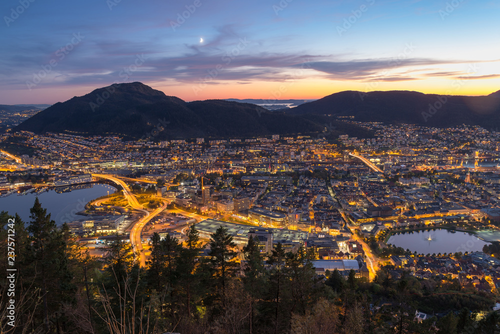 Beautiful Sky in the evening of summer - panoramic view from Floyen mountain  in Bergen,  Norway.