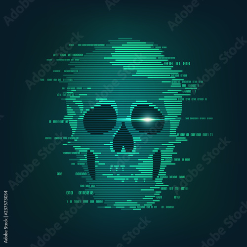 concept of cyber crime, internet piracy and hacking, shape of skull combined with binary code