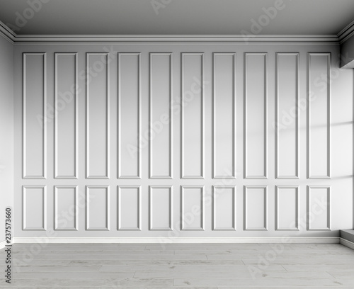 3d render of white interior with classic panels and natural parquet