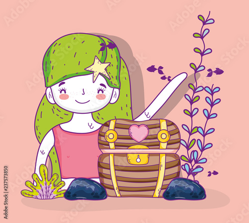 mermeid woman with plants leaves and coffer