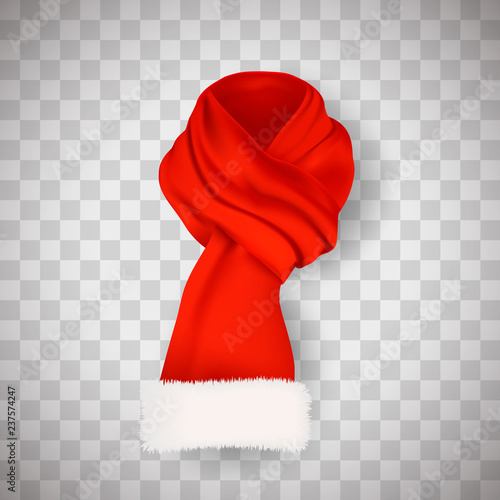 Bright red scarf with white fluffy edging. Santa Claus winter accessory for neck. Realistic vector icon isolated on transparent background.