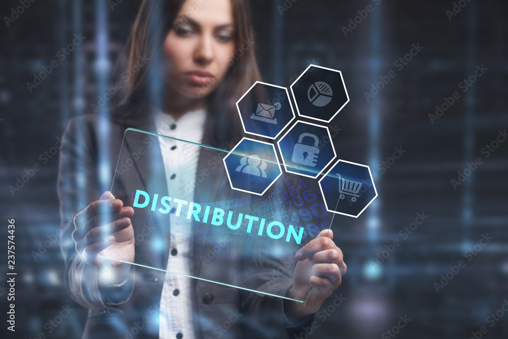 The concept of business, technology, the Internet and the network. A young entrepreneur working on a virtual screen of the future and sees the inscription: Distribution