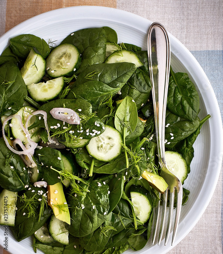 green salad dish with cucumber and seeds on a plate with silver fork photo