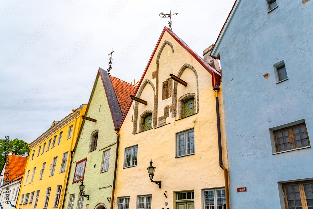 Tallinn in Estonia, colorful houses in the medieval city, typical buildings 