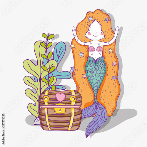 mermaid woman with coffer and plants leaves