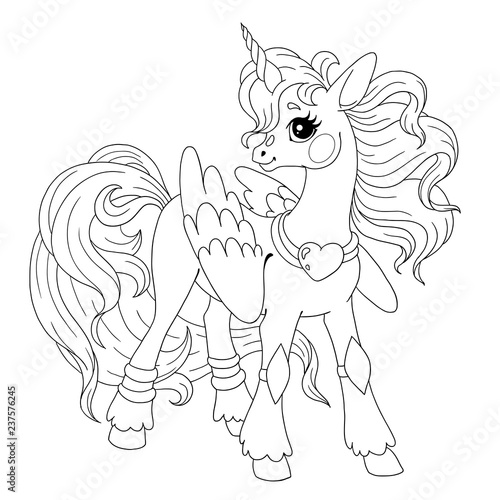 Cute cartoon character for coloring book. Pony unicorn doodle. Element for children's creativity. Fairy-tale unicorn vector on white background isolated.