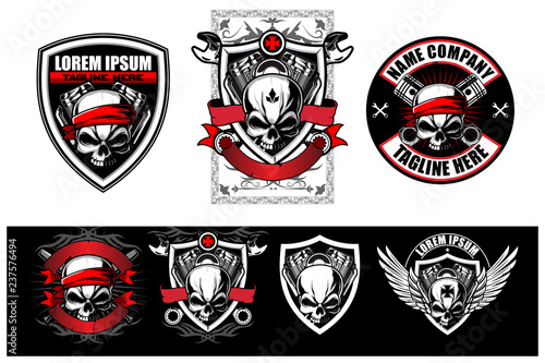 skull biker with piston, wrench and V-twin motorcycle engine vector label, t-shirt design and logo template collection