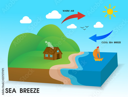 Sea breeze. The cold wind blows from the sea to the coast in the daytime.