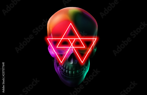 Human skull in glitch style on black background. Modern design element. Stylish skull illustration.