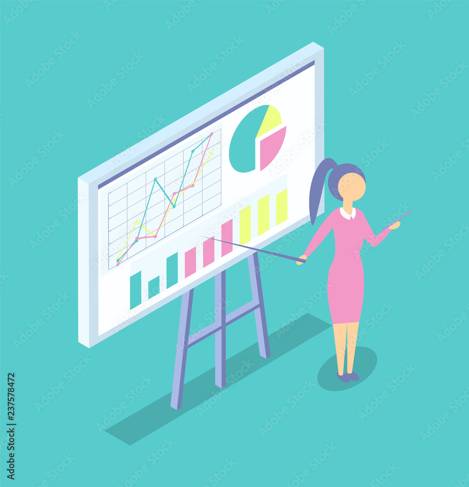 Woman at Blackboard Present Project Cartoon Banner Woman at Blackboard Present Project Cartoon Banner