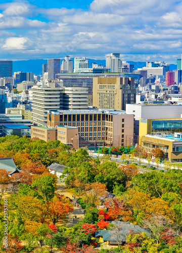 View of the Osaka Castle Park in autumn and city center in the background in Osaka, Japan.