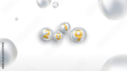 Fototapeta Naklejka Na Ścianę i Meble -  2019 Happy new year with color Christmas balls or abstract balls or bubbles.3d sign copy space. Festive poster or banner design. Party invitation