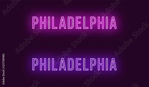 Neon name of Philadelphia city in USA. Vector text