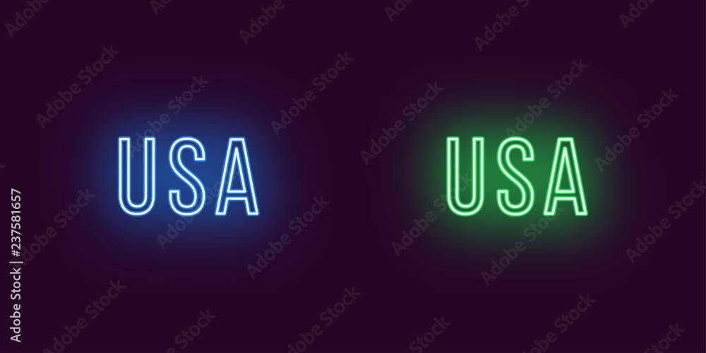 Neon name of USA country. Vector text of USA