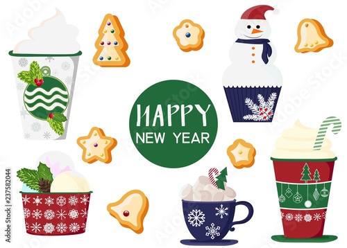 background of a set of colorful delicious cupcakes, cakes, desserts, ice cream with Christmas and new year decorations.flat style. Vector. elements for the new year, holiday cards, greeting cards
