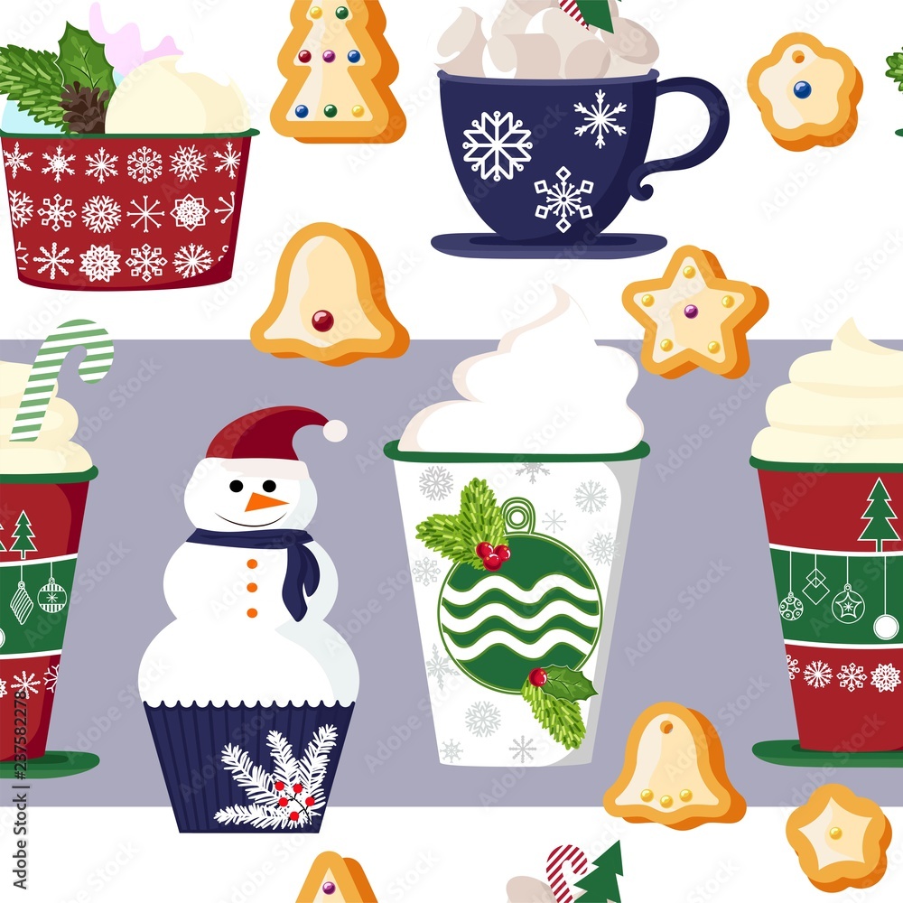 pattern of a set of colorful delicious cupcakes, cakes, desserts, ice cream with Christmas and new year decorations.flat style. Vector. elements for the new year, holiday cards, greeting cards pattern of a set of colorful delicious cupcakes, cakes, desserts, ice cream with Christmas and new year decorations.flat style. Vector. elements for the new year, holiday cards, greeting cards