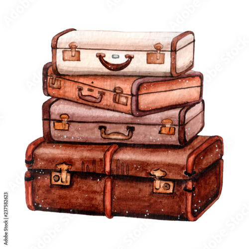 Watercolor travel suitcases in brown colors for adventures