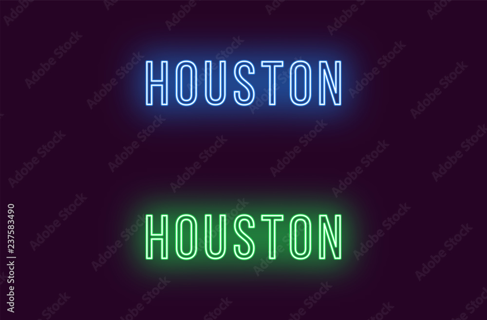 Neon name of Houston city in USA. Vector text