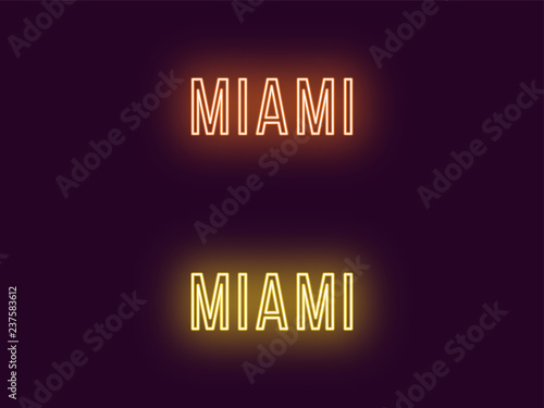 Neon name of Miami city in USA. Vector text