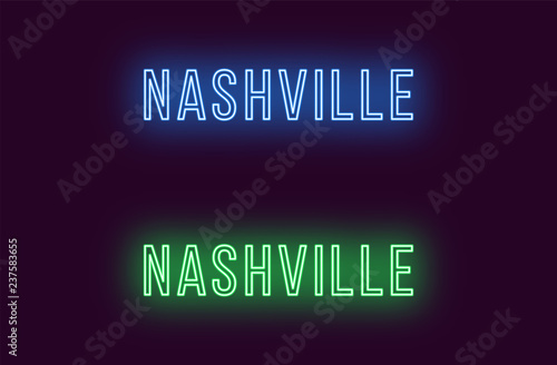 Neon name of Nashville city in USA. Vector text