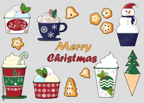 background of a set of colorful delicious cupcakes, cakes, desserts, ice cream with Christmas and new year decorations.flat style. Vector. elements for the new year, holiday cards, greeting cards