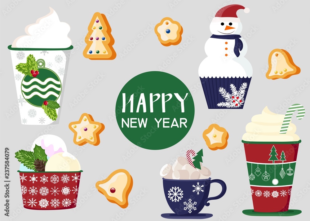 background of a set of colorful delicious cupcakes, cakes, desserts, ice cream with Christmas and new year decorations.flat style. Vector. elements for the new year, holiday cards, greeting cards background of a set of colorful delicious cupcakes, cakes, desserts, ice cream with Christmas and new year decorations.flat style. Vector. elements for the new year, holiday cards, greeting cards
