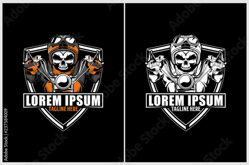 Amazing skul biker wearing helmet riding a motorcycle vector with shield badge or crest logo template collection