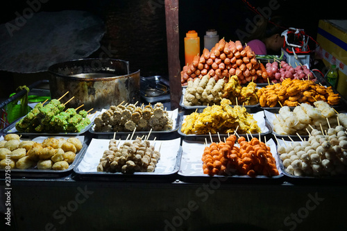 Vietnamese street food fried fish ball meat ball shrimp ball seafood snack stall at night market