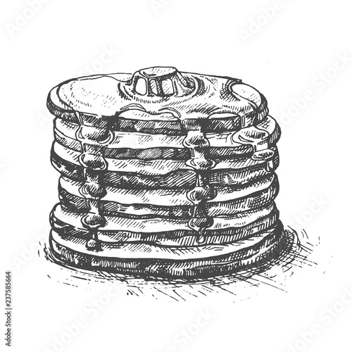 Vector vintage pancake drawing. Hand drawn monochrome food illustration. Great for menu, poster or label.