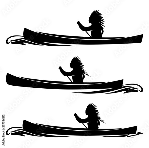 indian tribal chief rowing in traditional canoe - native american, boat and wave  black vector silhouette set