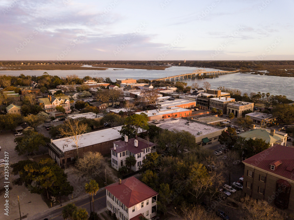 Aerial view of historic district of Beaufort, South Carolina at the golden hour.