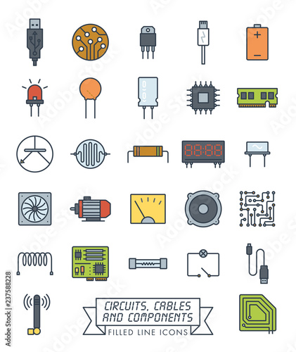 Electronic components filled line icons vector set
