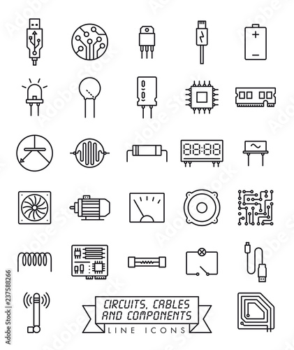 Electronic components line icons vector set