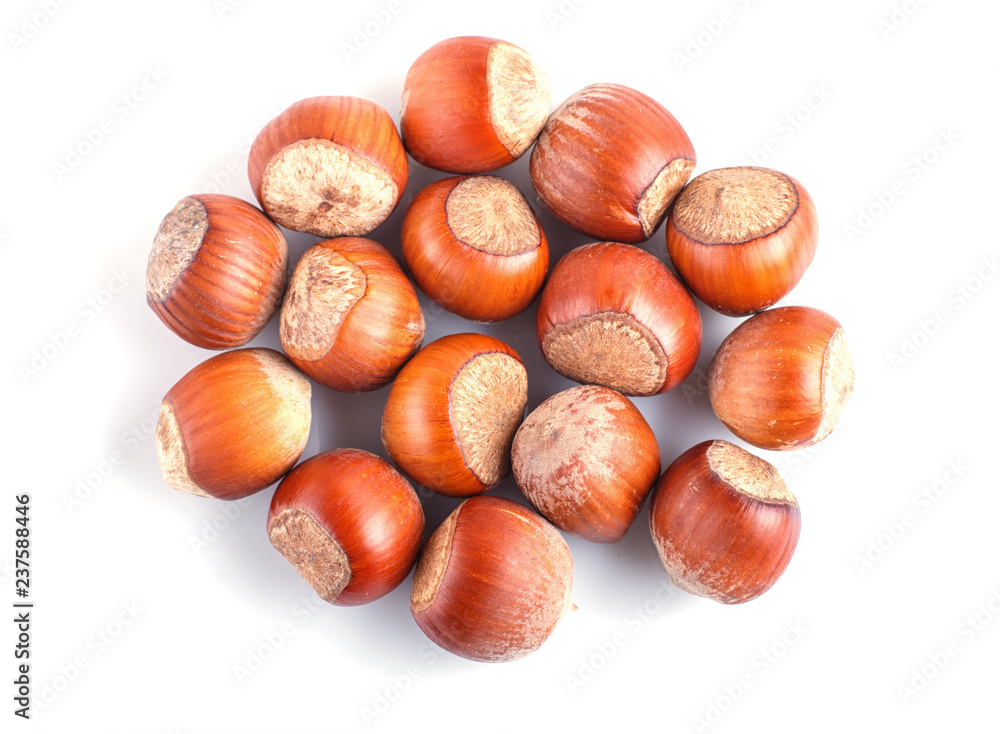 Pile of hazelnuts with shell isolated on white background. Pile of hazelnuts with shell isolated on white background.