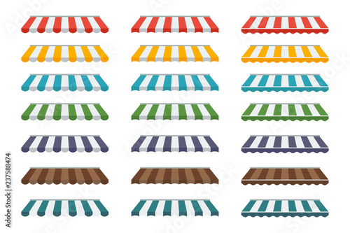 A set of striped awnings, canopies for the store. Awning for the cafes and street restaurants. Vector illustration isolated on white background.