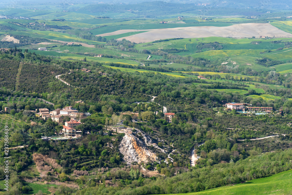 Fototapeta premium Amazing aerial view of Bagno Vignoni from Fortress of Tentennano, Tuscany, Italy