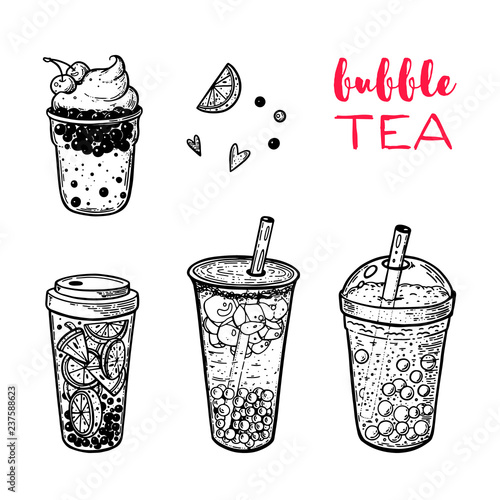 Bubble tea hand drawn illustration. Cocktail collection. Bubble tea vector illustration. Drink set. Design template.