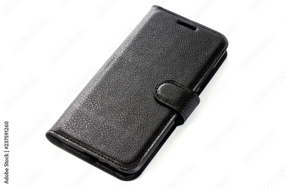 Genuine black leather case for smartphone closeup shot on white background Genuine black leather case for smartphone closeup shot on white background