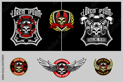 skull wearing helmet with piston, wrench and wing vector label, t-shirt designs and logo template collection