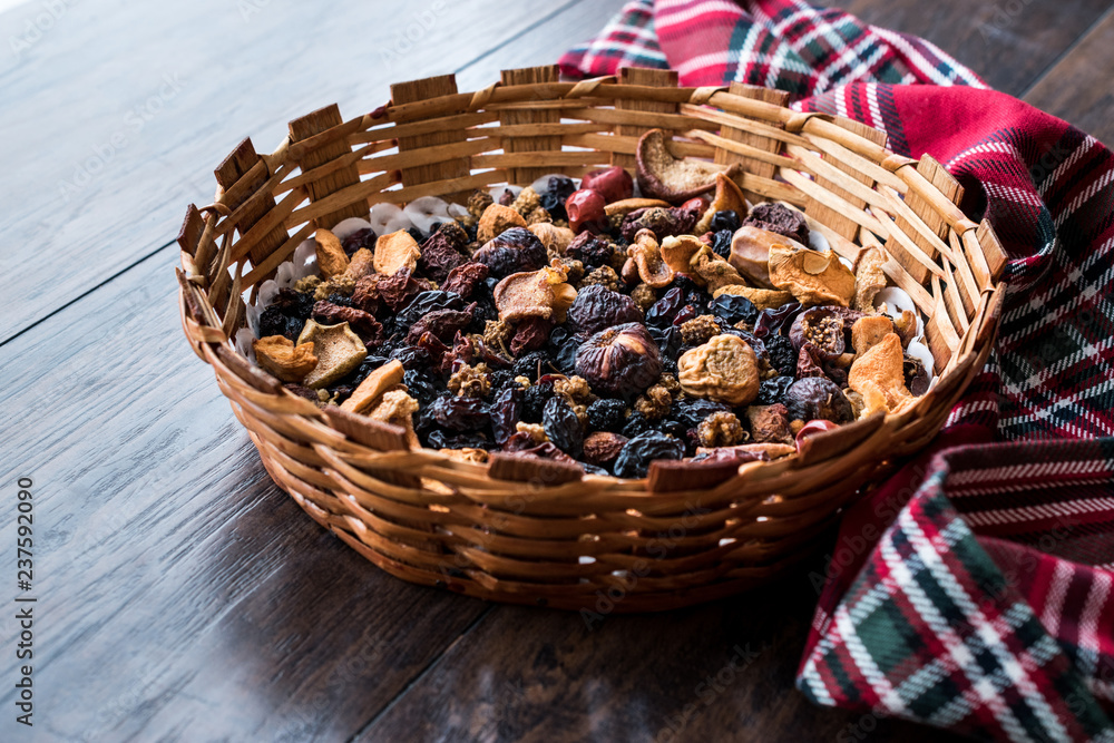 Mix of Dried Fruits; Apple, Apricot, Mulberry, Raisin, Fig, Cranberry, Raspberry and Date in Wooden Basket. Mix of Dried Fruits; Apple, Apricot, Mulberry, Raisin, Fig, Cranberry, Raspberry and Date in Wooden Basket.