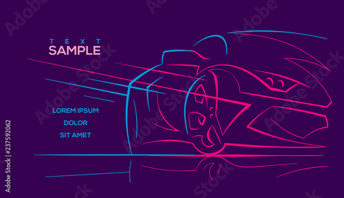 Modern car abstract neon line illustration. Vector. Text outlined. 
