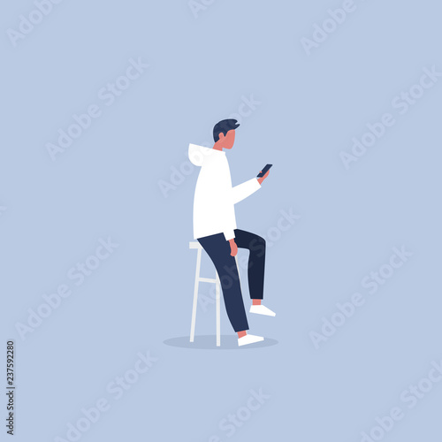 Young male character sitting on the bar stool and holding a smartphone. Millennial lifestyle. Social media. Flat editable vector illustration, clip art