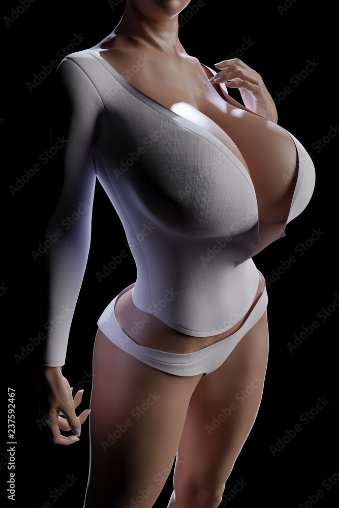 Busty woman with huge breast in smal white shirt with deep neckline on  black background Stock Illustration