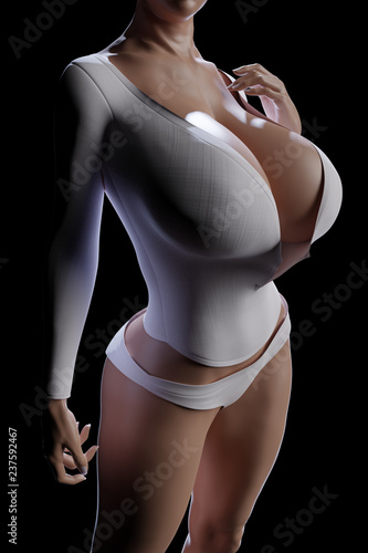Busty woman with huge breast in smal white shirt with deep neckline on  black background Illustration Stock | Adobe Stock