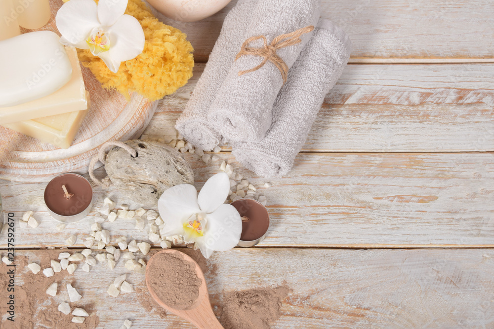gray soap pumice, dry powder for making a face mask with free space for text gray soap pumice, dry powder for making a face mask with free space for text