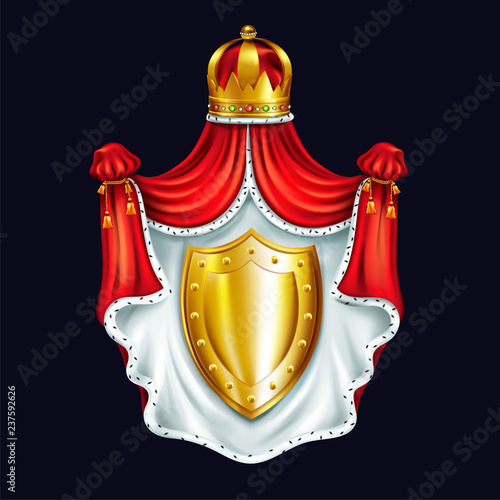 Medieval coat of arms, heraldic emblem with royal crown, red ceremonial canopy with ermine fur and golden shield realistic vector illustration isolated on black background. Monarchy power symbol